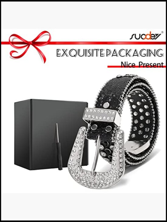 Rhinestone Belt with Faux Leather Strap and Alloy Buckle